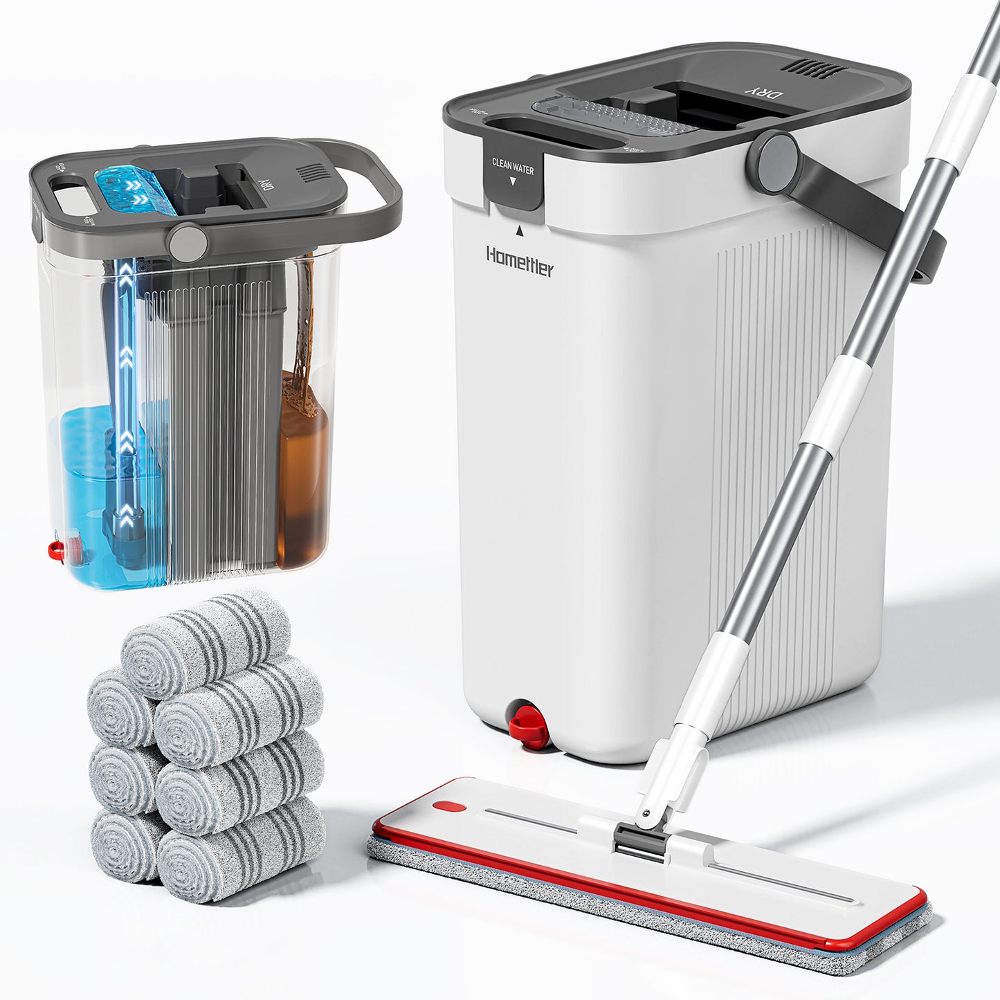 SM002-32B Mop and Bucket Set, Flat Mop and Bucket System with Separate Dirty and Clean Water, 3-Compartment Wall Cleaner Mop, Flat Mops for Floor Cleaning with 4 Microfiber Pads