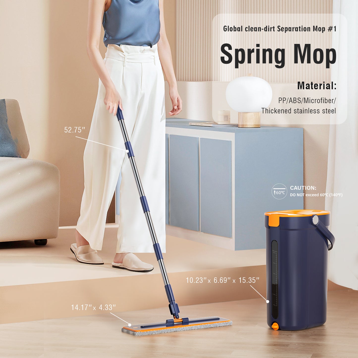Spring Mop Flat Mop Separate Clean & Dirty Water, Wet and Dry Use,2 Microfiber Pads, 3L Water for Whole House Floor Cleaning Hands Free