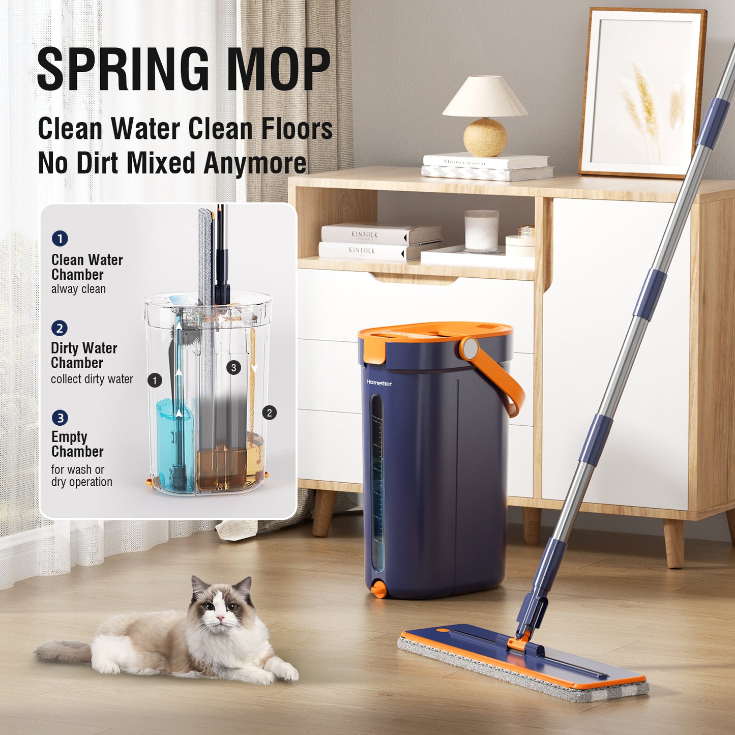 Spring Mop Flat Mop Separate Clean & Dirty Water, Wet and Dry Use,2 Microfiber Pads, 3L Water for Whole House Floor Cleaning Hands Free