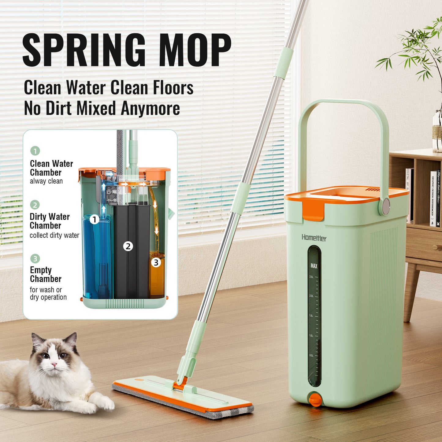 SM002-36 Rectangle Spring Mop Flat Mop Separate Clean & Dirty Water, Wet and Dry Use,2 Microfiber Pads, 3L Water for Whole House Floor Cleaning Hands Free Shipping