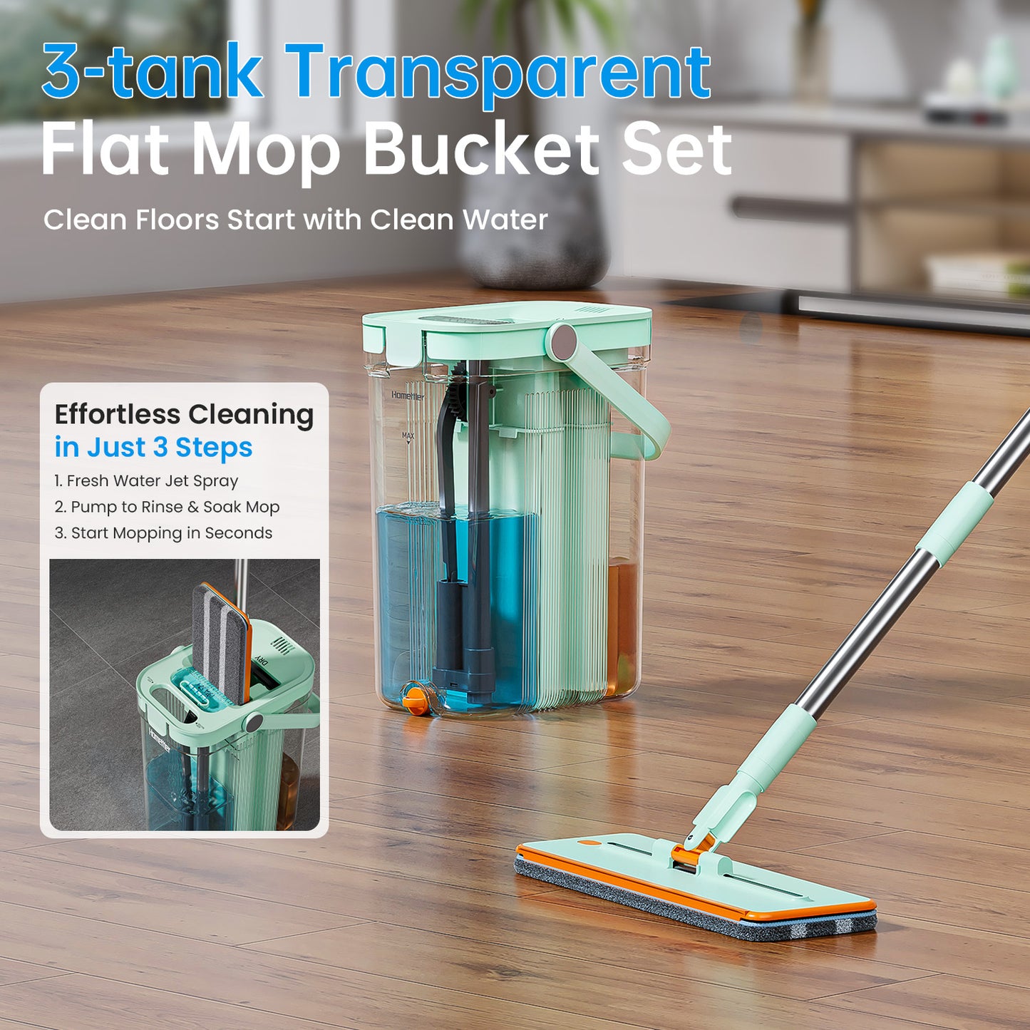 SM002-32T Transparent Flat Mop Separate Clean & Dirty Water, Wet and Dry Use,2 Microfiber Pads, 3L Water for Whole House Floor Cleaning Hands 【Free Shipping