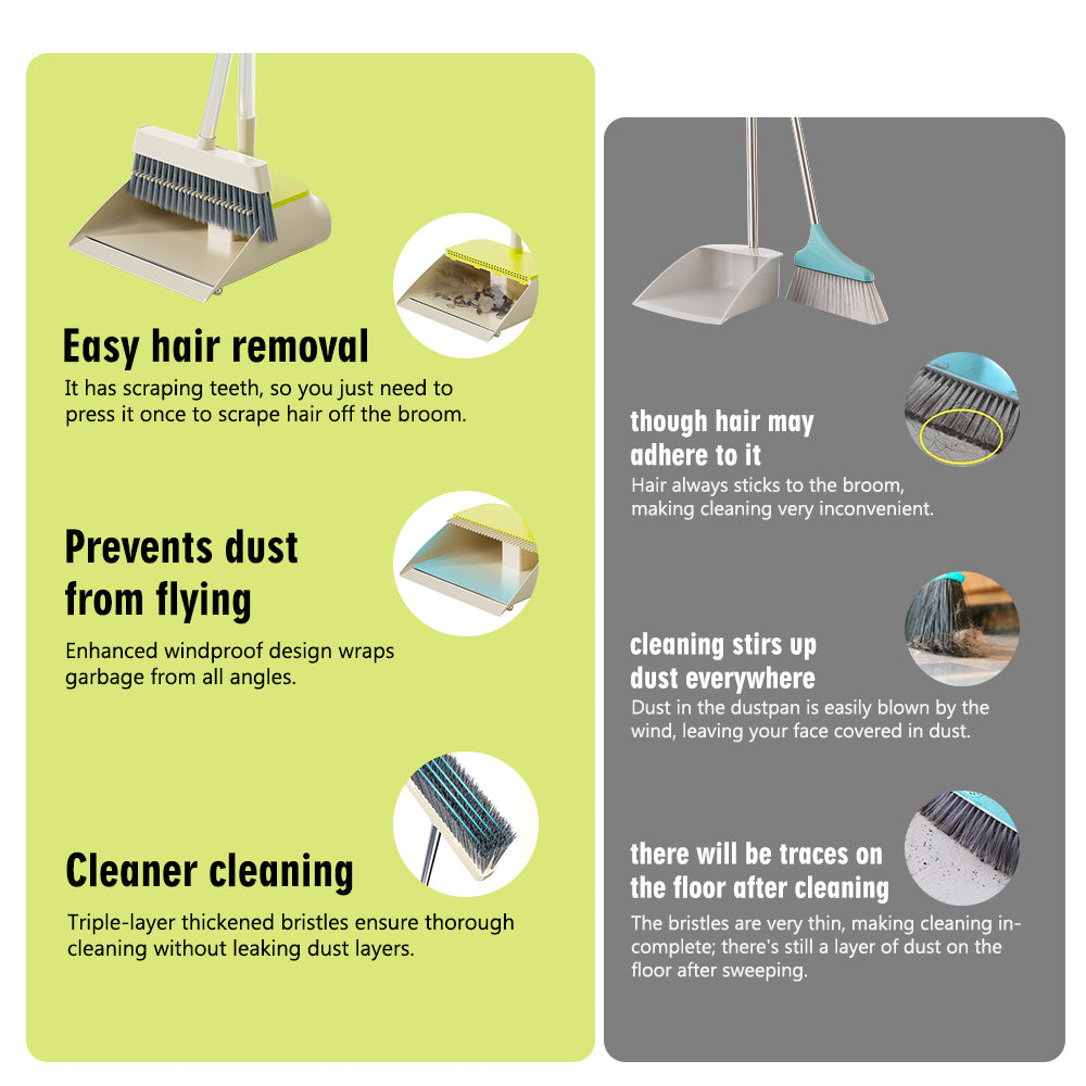 TS300 Broom and Dustpan Set, 87cm Long Adjustable Handle Broom Dustpan Combo with Dustpan Teeth to Automatically Clean Hair Suitable for Home Kitchen Office Hall Floor