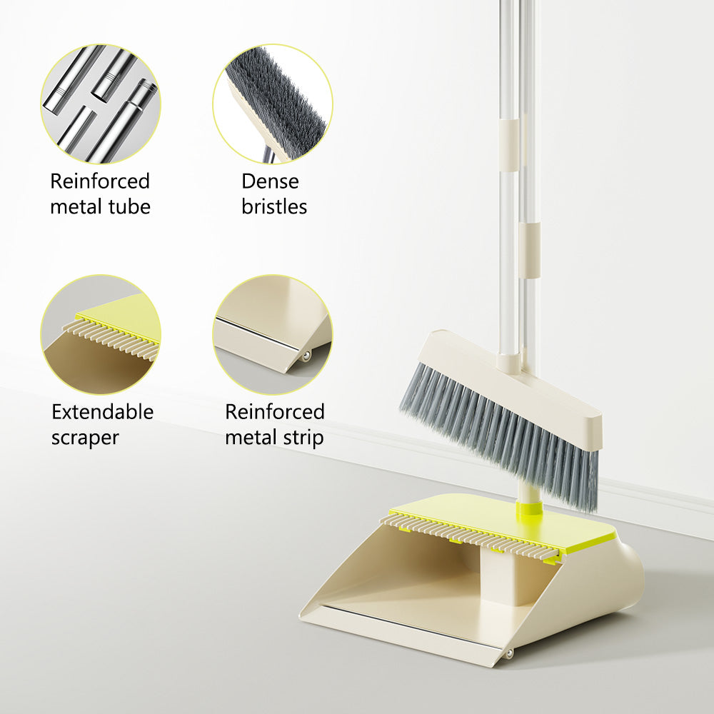TS300 Broom and Dustpan Set, 87cm Long Adjustable Handle Broom Dustpan Combo with Dustpan Teeth to Automatically Clean Hair Suitable for Home Kitchen Office Hall Floor