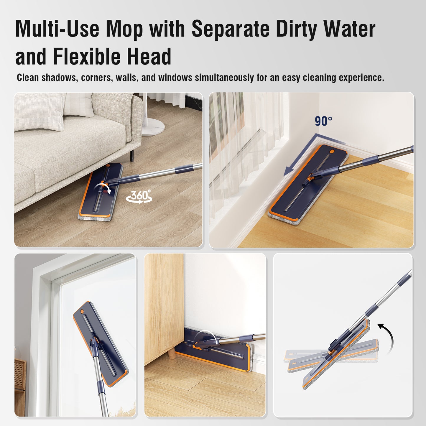 Spring Mop Flat Mop Separate Clean & Dirty Water, Wet and Dry Use,2 Microfiber Pads, 3L Water for Whole House Floor Cleaning Hands Free