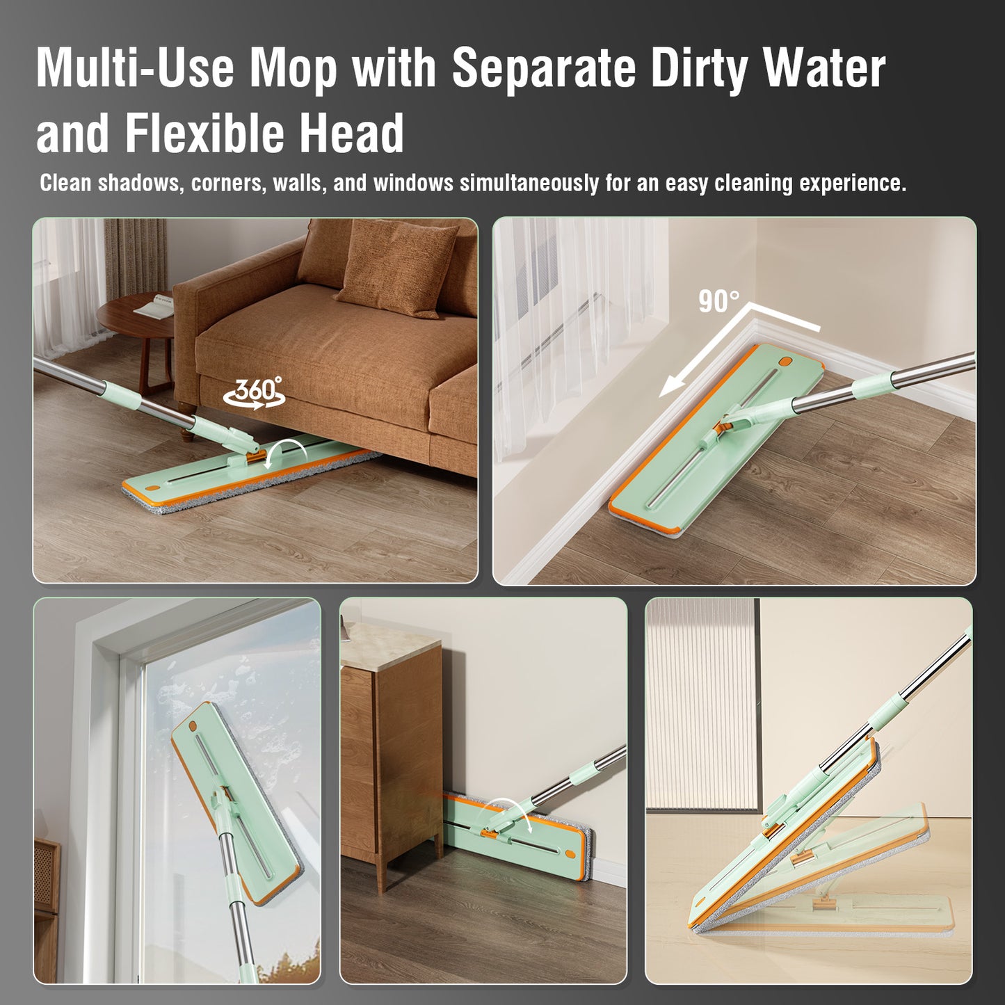 Spring Mop Flat Mop Separate Clean & Dirty Water, Wet and Dry Use,2 Microfiber Pads, 3L Water for Whole House Floor Cleaning Hands Free