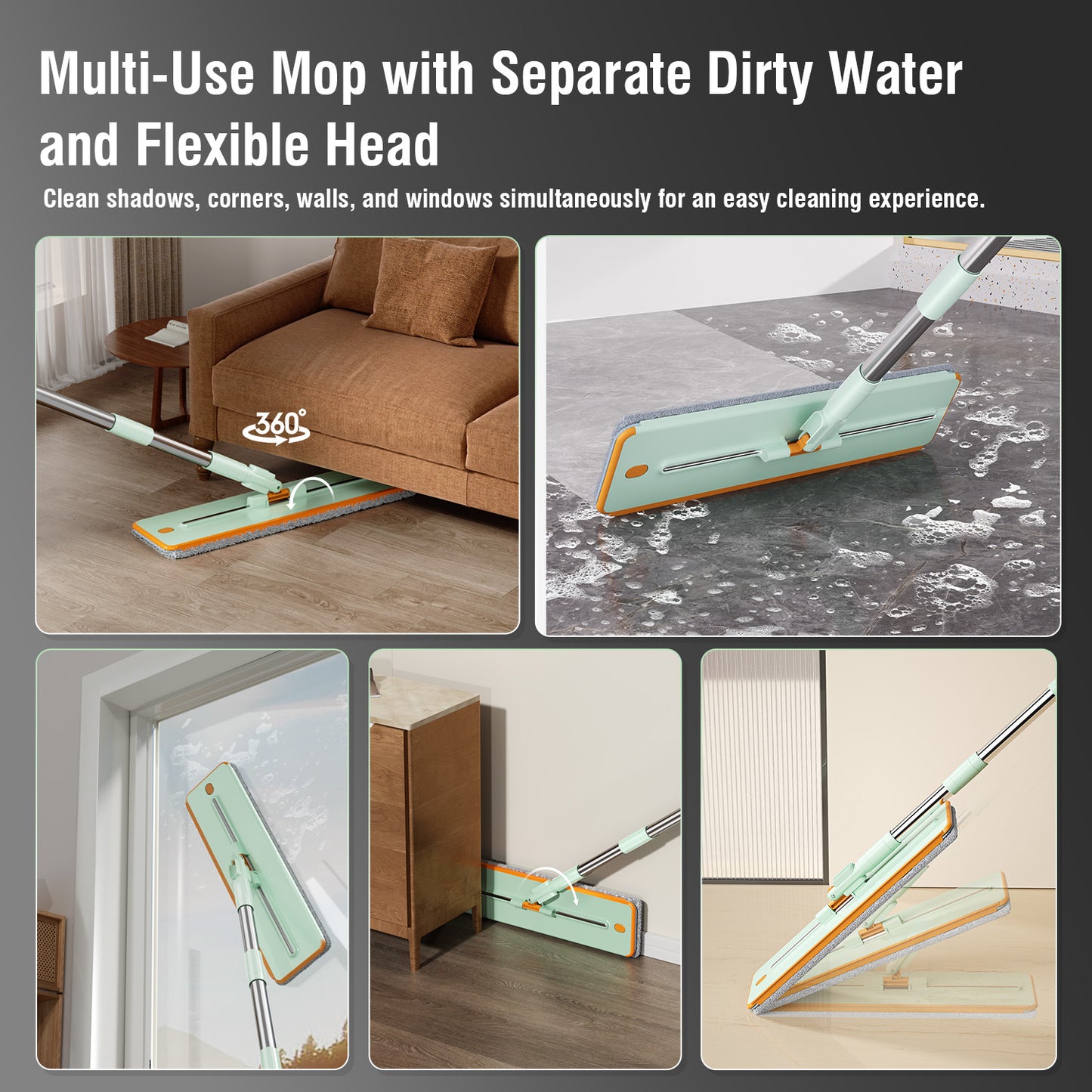 SM002-36 Rectangle Spring Mop Flat Mop Separate Clean & Dirty Water, Wet and Dry Use,2 Microfiber Pads, 3L Water for Whole House Floor Cleaning Hands Free Shipping