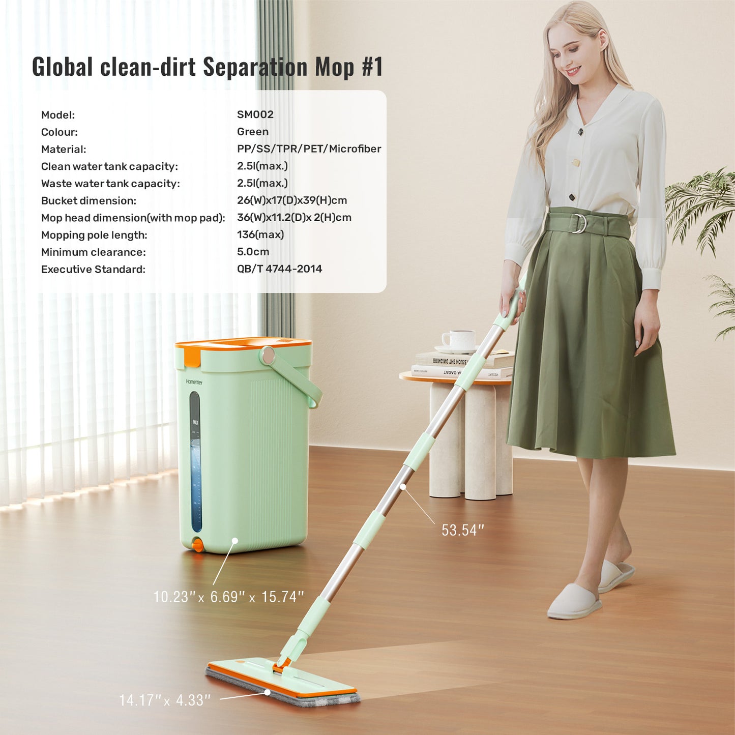 SM002-36 Rectangle Spring Mop Flat Mop Separate Clean & Dirty Water, Wet and Dry Use,2 Microfiber Pads, 3L Water for Whole House Floor Cleaning Hands Free Shipping