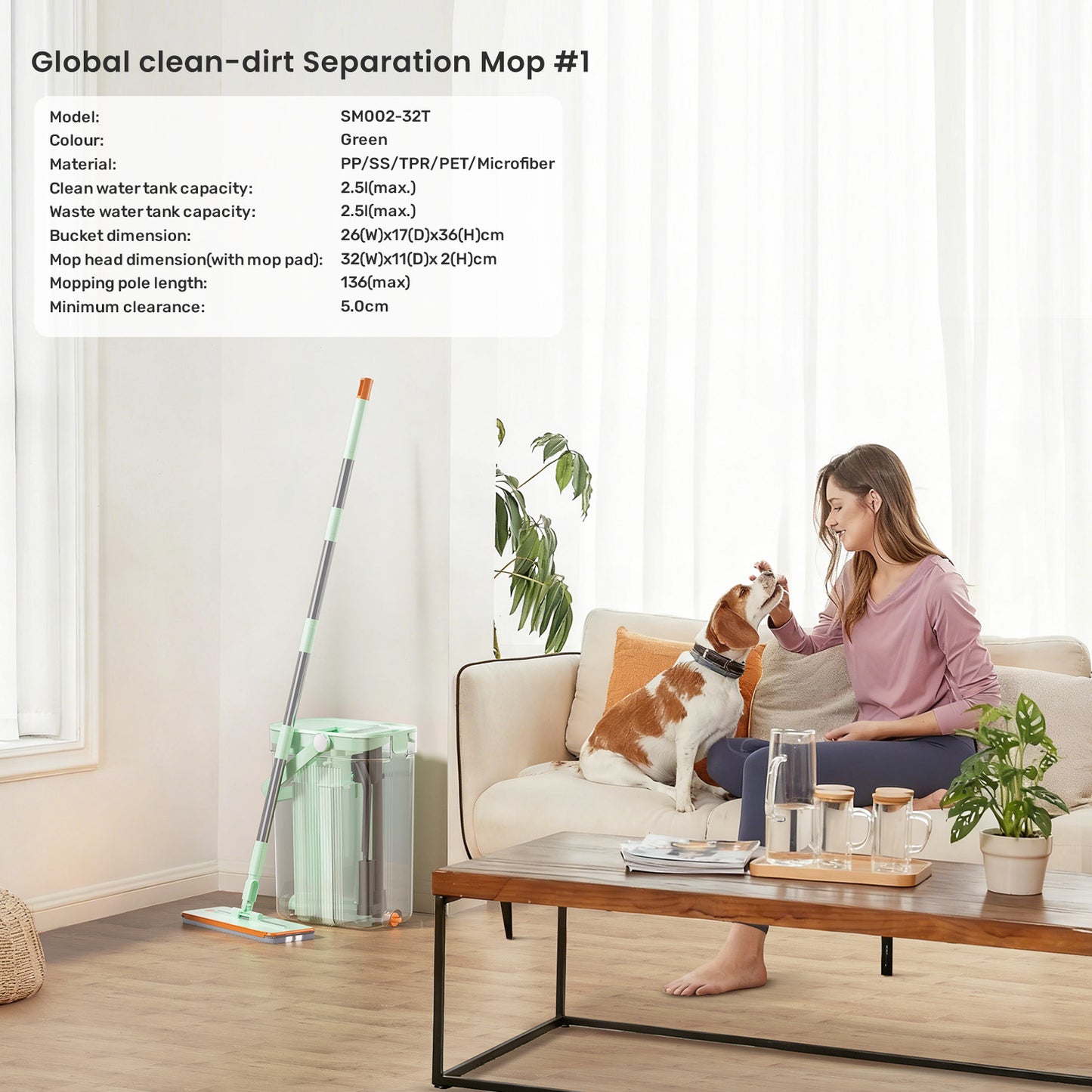 SM002-32T Transparent Flat Mop Separate Clean & Dirty Water, Wet and Dry Use,2 Microfiber Pads, 3L Water for Whole House Floor Cleaning Hands 【Free Shipping