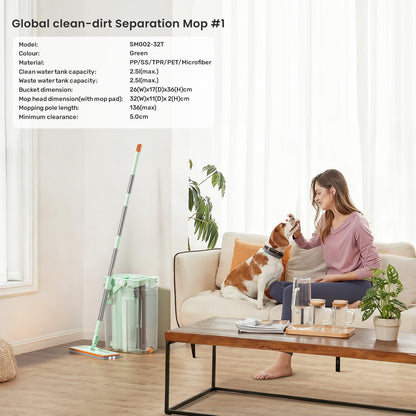 SM002-32T Transparent Flat Mop Separate Clean & Dirty Water, Wet and Dry Use,2 Microfiber Pads, 3L Water for Whole House Floor Cleaning Hands 【Free Shipping