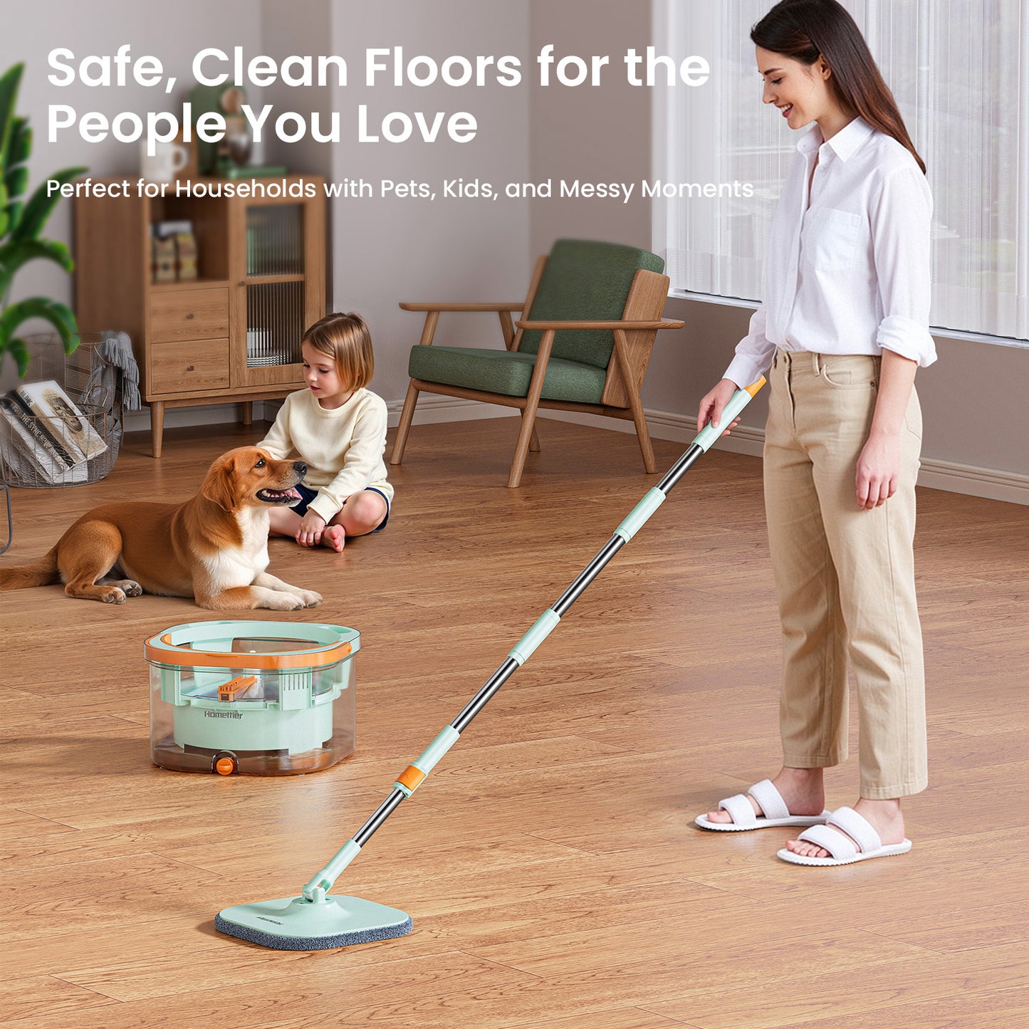CW002T Transparent Square Mop and Bucket for Dog&Cat Pet Hair Cleaning Mop Clean&Dirty Water Separation Mop System with Detachable Reusable Mop Pad Replacement 【Free shipping】