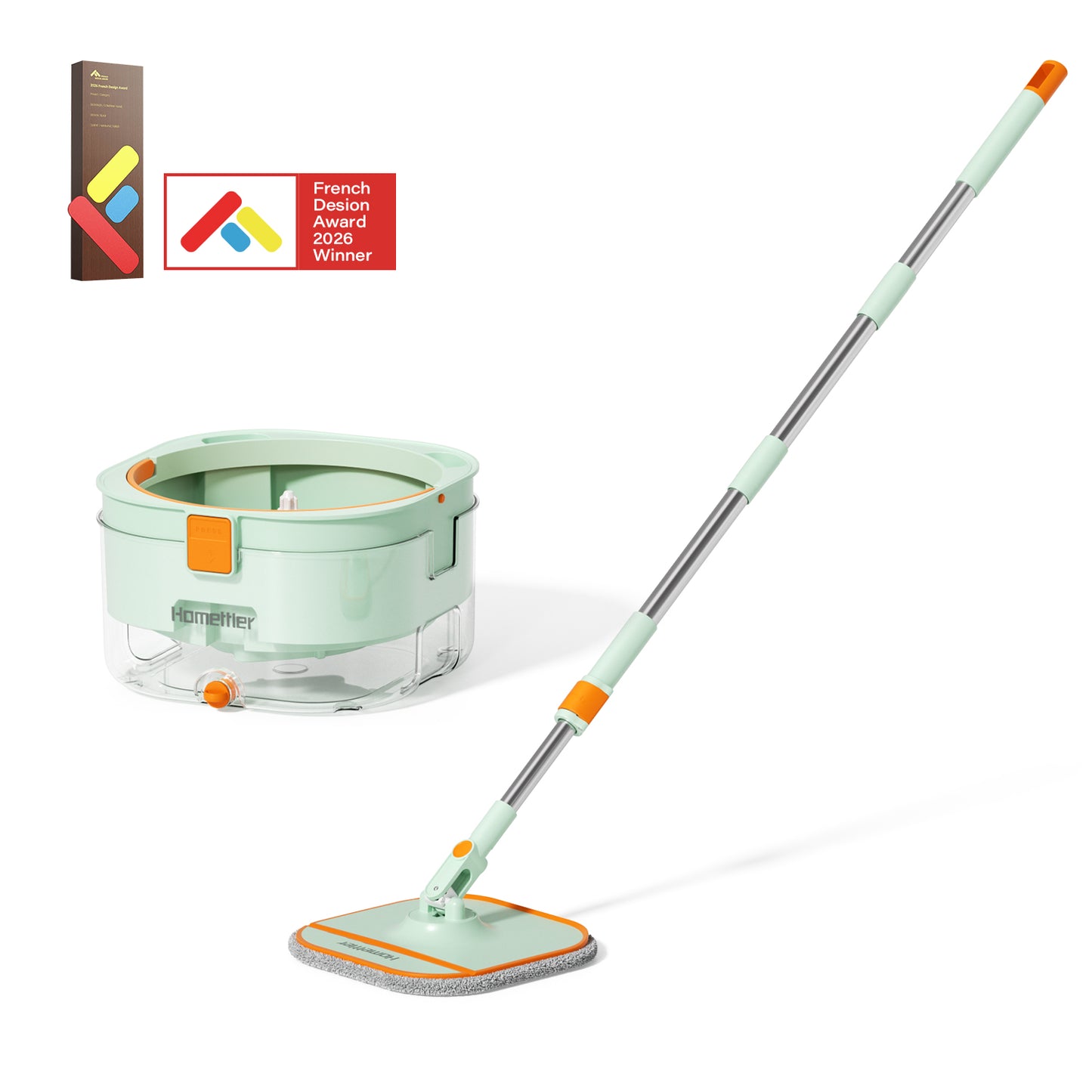 Homettler mop and bucket set, cleaning and separating dirt, eco-friendly mop, high spin rate, reusable mop mat, suitable for dry/wet floors