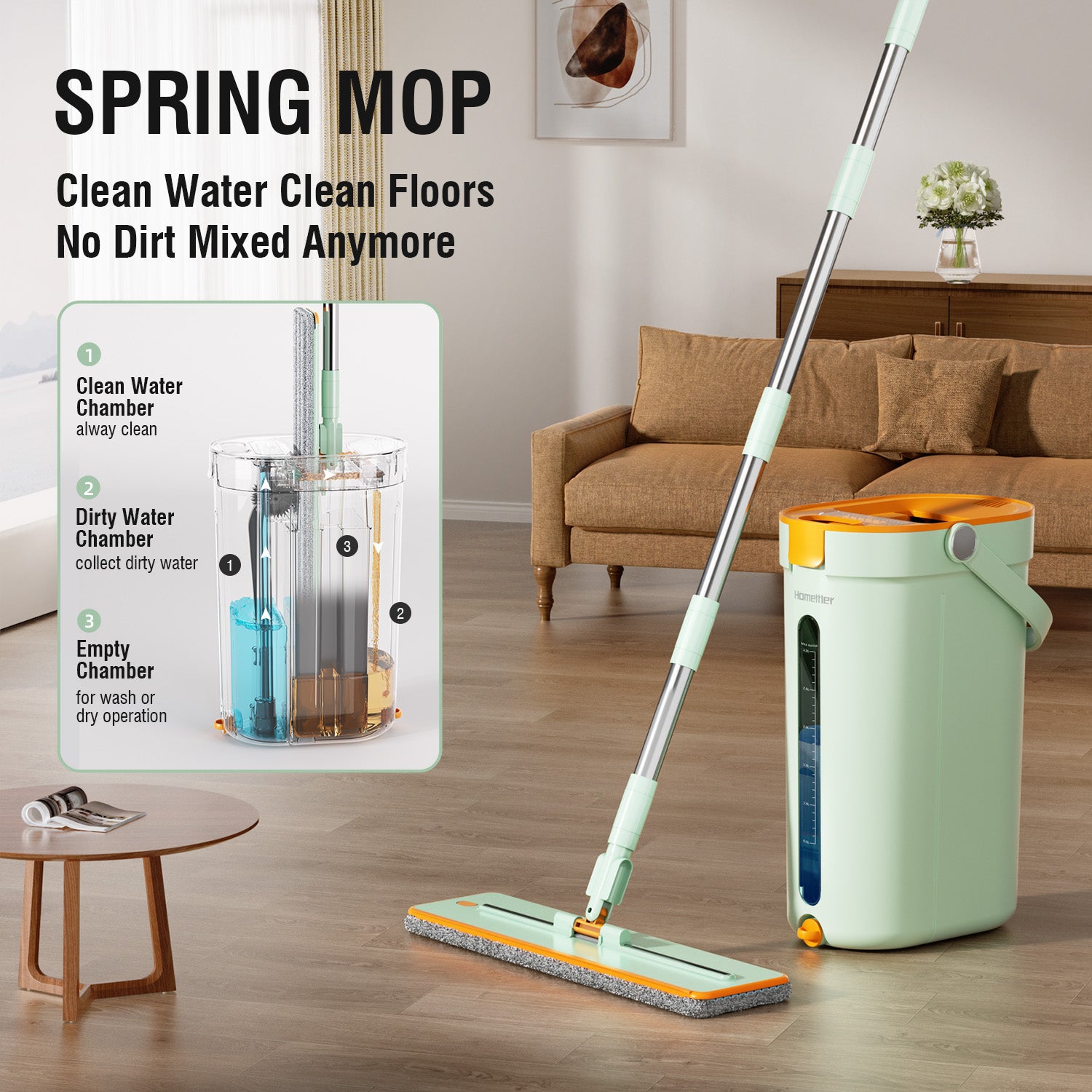 SM001-36 Green Spring Mop Flat Mop Separate Clean & Dirty Water, Wet a ...