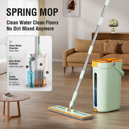 Spring Mop Flat Mop Separate Clean & Dirty Water, Wet and Dry Use,2 Microfiber Pads, 3L Water for Whole House Floor Cleaning Hands Free