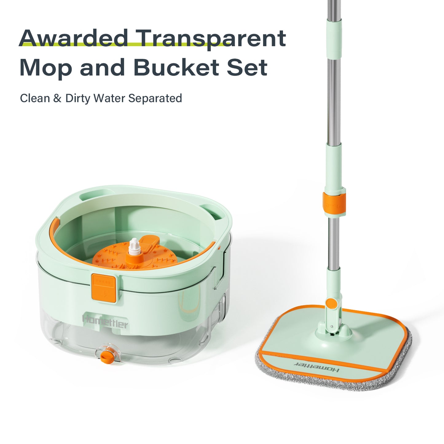 Homettler mop and bucket set, cleaning and separating dirt, eco-friendly mop, high spin rate, reusable mop mat, suitable for dry/wet floors