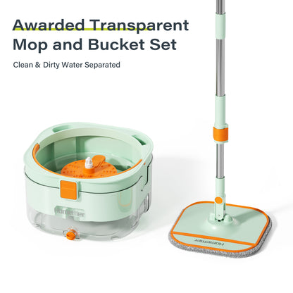Homettler mop and bucket set, cleaning and separating dirt, eco-friendly mop, high spin rate, reusable mop mat, suitable for dry/wet floors