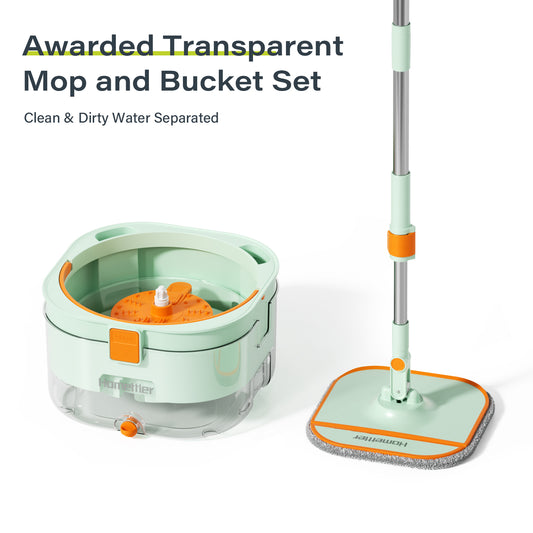 Homettler mop and bucket set, cleaning and separating dirt, eco-friendly mop, high spin rate, reusable mop mat, suitable for dry/wet floors