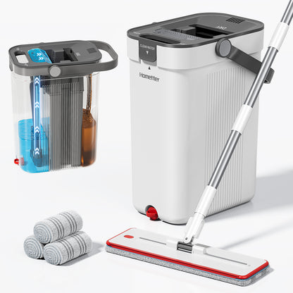 SM002-32B Mop and Bucket Set, Flat Mop and Bucket System with Separate Dirty and Clean Water, 3-Compartment Wall Cleaner Mop, Flat Mops for Floor Cleaning with 4 Microfiber Pads