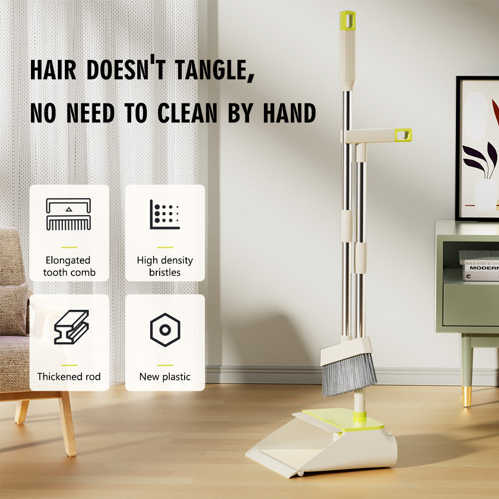 TS300 Broom and Dustpan Set, 87cm Long Adjustable Handle Broom Dustpan Combo with Dustpan Teeth to Automatically Clean Hair Suitable for Home Kitchen Office Hall Floor