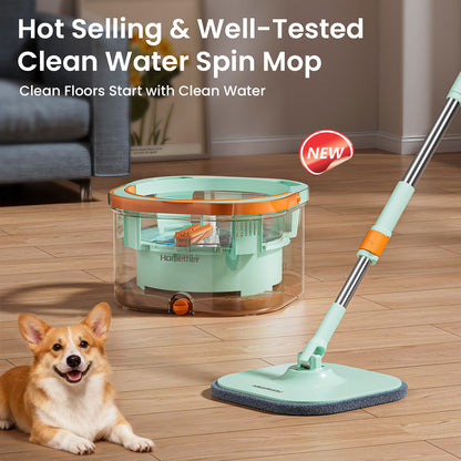 CW002T Transparent Square Mop and Bucket for Dog&Cat Pet Hair Cleaning Mop Clean&Dirty Water Separation Mop System with Detachable Reusable Mop Pad Replacement 【Free shipping】