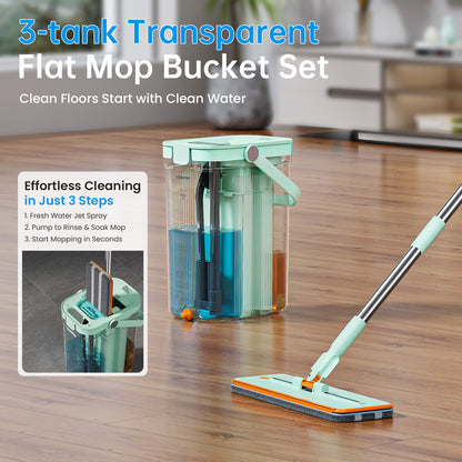 SM002-32T Transparent Flat Mop Separate Clean & Dirty Water, Wet and Dry Use,2 Microfiber Pads, 3L Water for Whole House Floor Cleaning Hands 【Free Shipping