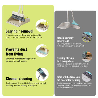TS300 Broom and Dustpan Set, 87cm Long Adjustable Handle Broom Dustpan Combo with Dustpan Teeth to Automatically Clean Hair Suitable for Home Kitchen Office Hall Floor