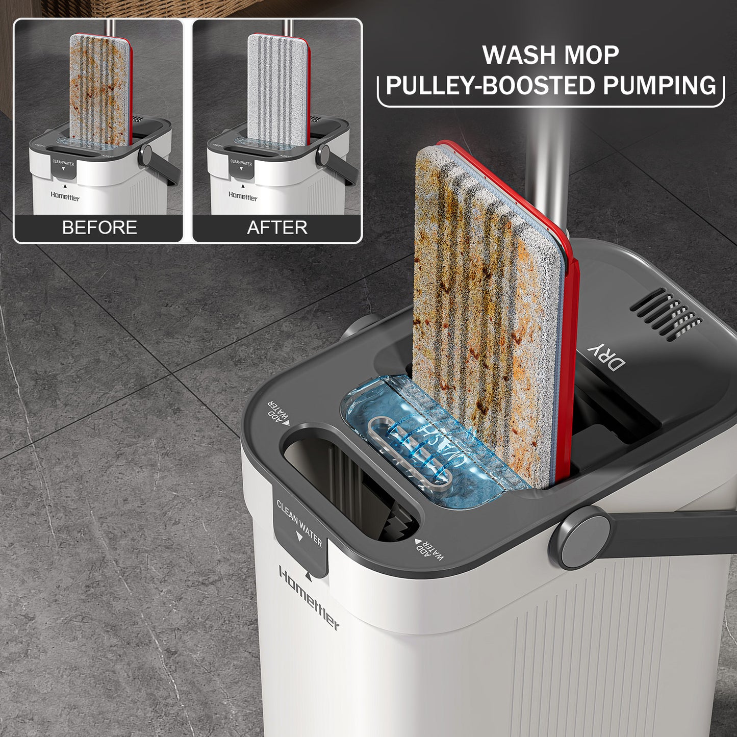 SM002-32B Mop and Bucket Set, Flat Mop and Bucket System with Separate Dirty and Clean Water, 3-Compartment Wall Cleaner Mop, Flat Mops for Floor Cleaning with 4 Microfiber Pads