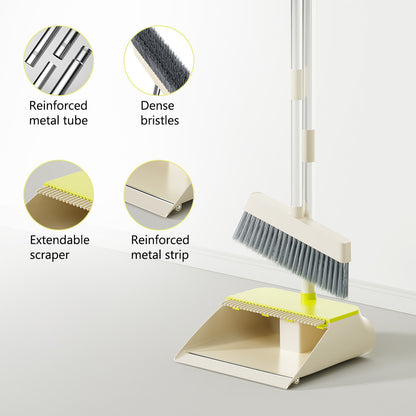 TS300 Broom and Dustpan Set, 87cm Long Adjustable Handle Broom Dustpan Combo with Dustpan Teeth to Automatically Clean Hair Suitable for Home Kitchen Office Hall Floor