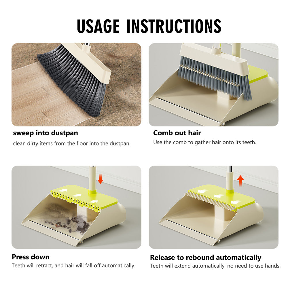 TS300 Broom and Dustpan Set, 87cm Long Adjustable Handle Broom Dustpan Combo with Dustpan Teeth to Automatically Clean Hair Suitable for Home Kitchen Office Hall Floor