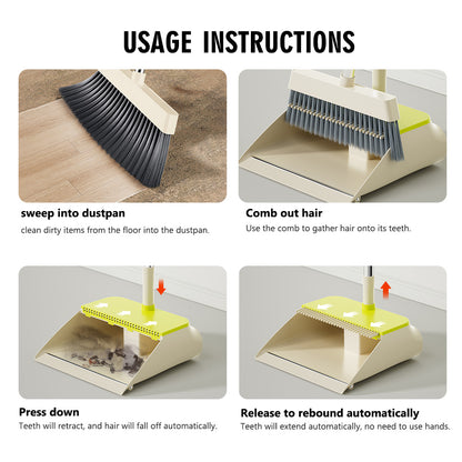 TS300 Broom and Dustpan Set, 87cm Long Adjustable Handle Broom Dustpan Combo with Dustpan Teeth to Automatically Clean Hair Suitable for Home Kitchen Office Hall Floor