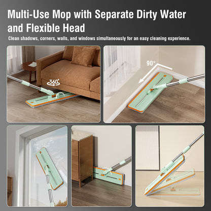 Spring Mop Flat Mop Separate Clean & Dirty Water, Wet and Dry Use,2 Microfiber Pads, 3L Water for Whole House Floor Cleaning Hands Free
