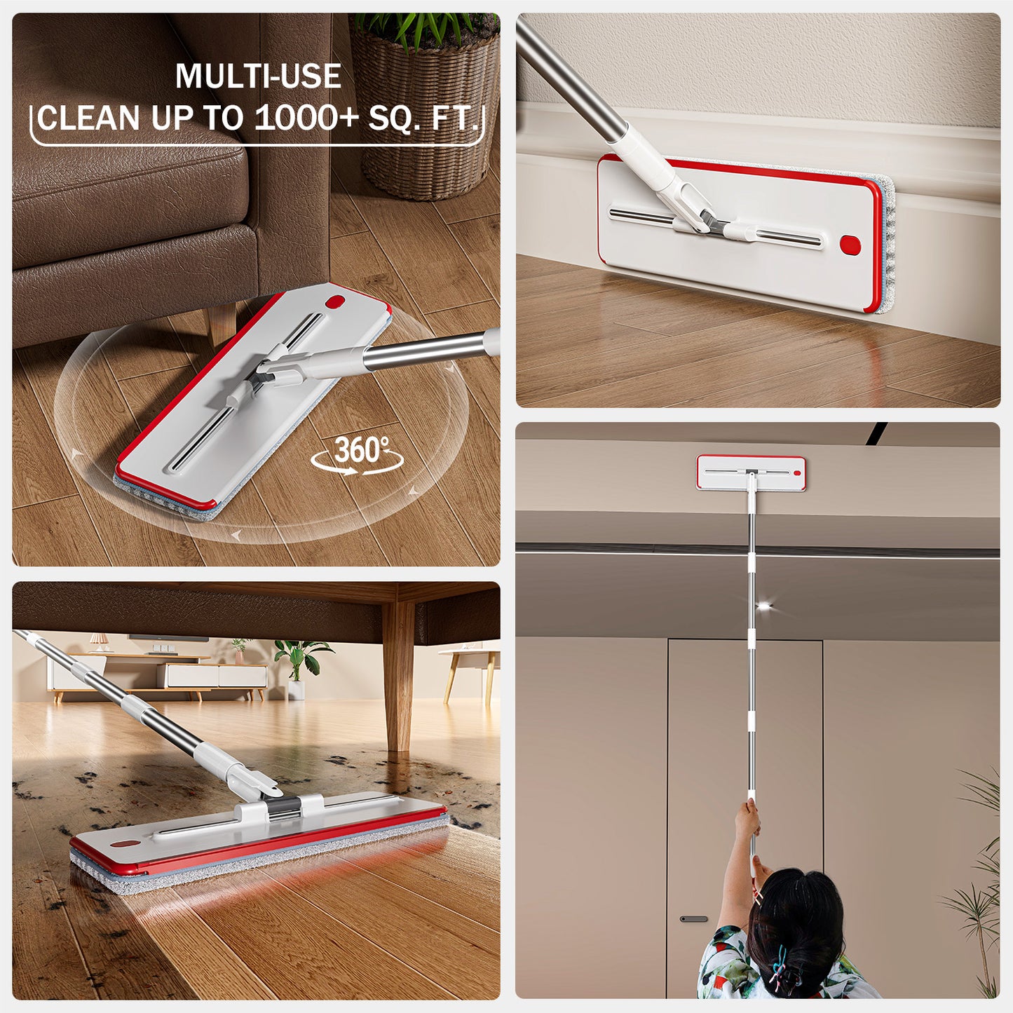 SM002-32B Mop and Bucket Set, Flat Mop and Bucket System with Separate Dirty and Clean Water, 3-Compartment Wall Cleaner Mop, Flat Mops for Floor Cleaning with 4 Microfiber Pads