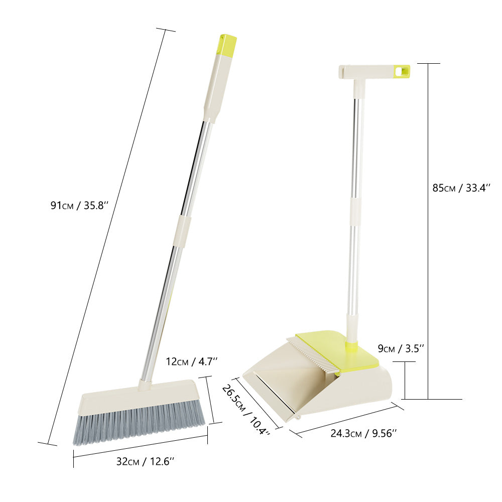 TS300 Broom and Dustpan Set, 87cm Long Adjustable Handle Broom Dustpan Combo with Dustpan Teeth to Automatically Clean Hair Suitable for Home Kitchen Office Hall Floor