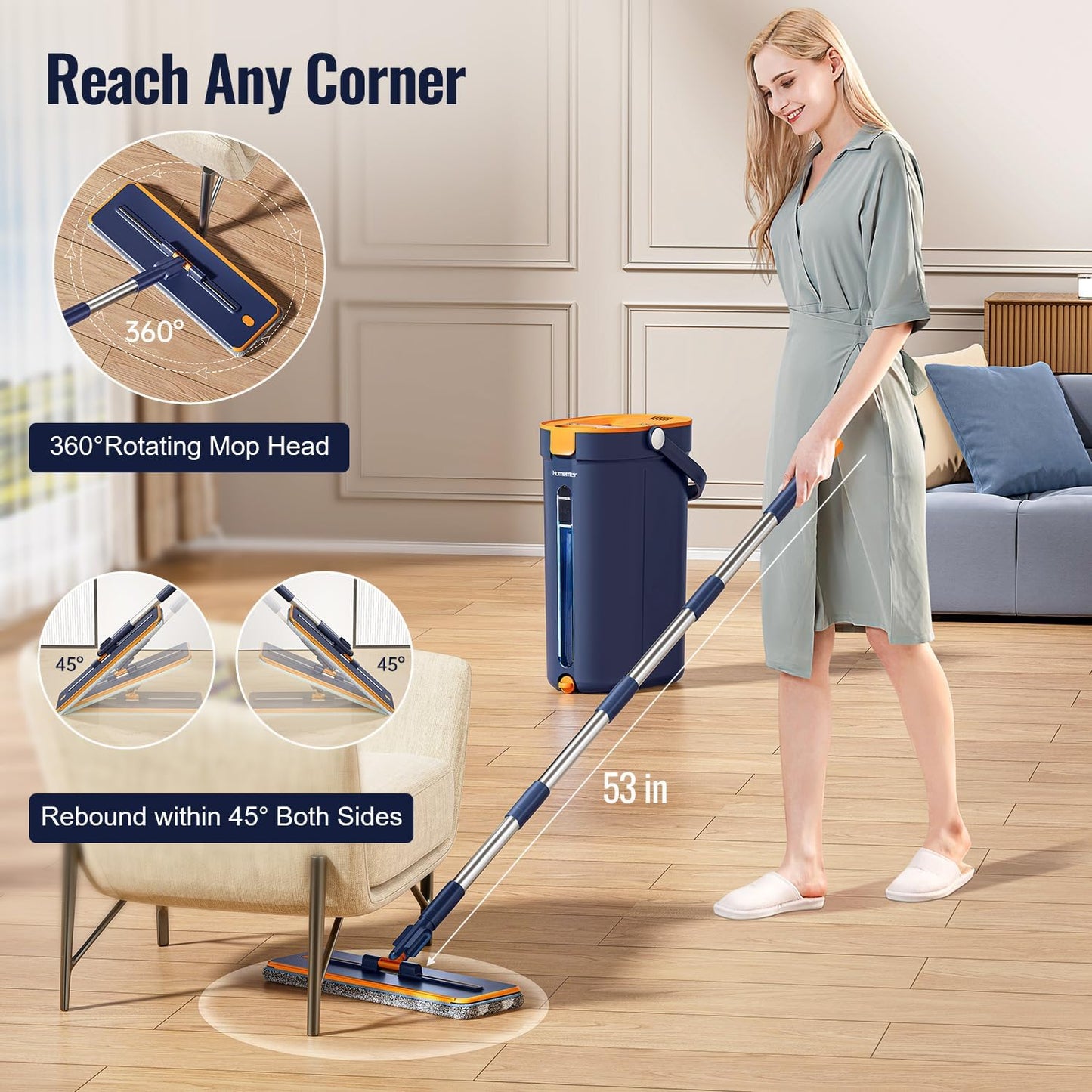 SM001-36 Blue Spring Mop Flat Mop  Amazon Hot Selling Separate Clean & Dirty Water, Wet and Dry Use,2 Microfiber Pads, 3L Water for Whole House Floor Cleaning Hands Free