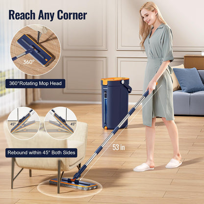 SM001-36 Blue Spring Mop Flat Mop  Amazon Hot Selling Separate Clean & Dirty Water, Wet and Dry Use,2 Microfiber Pads, 3L Water for Whole House Floor Cleaning Hands Free