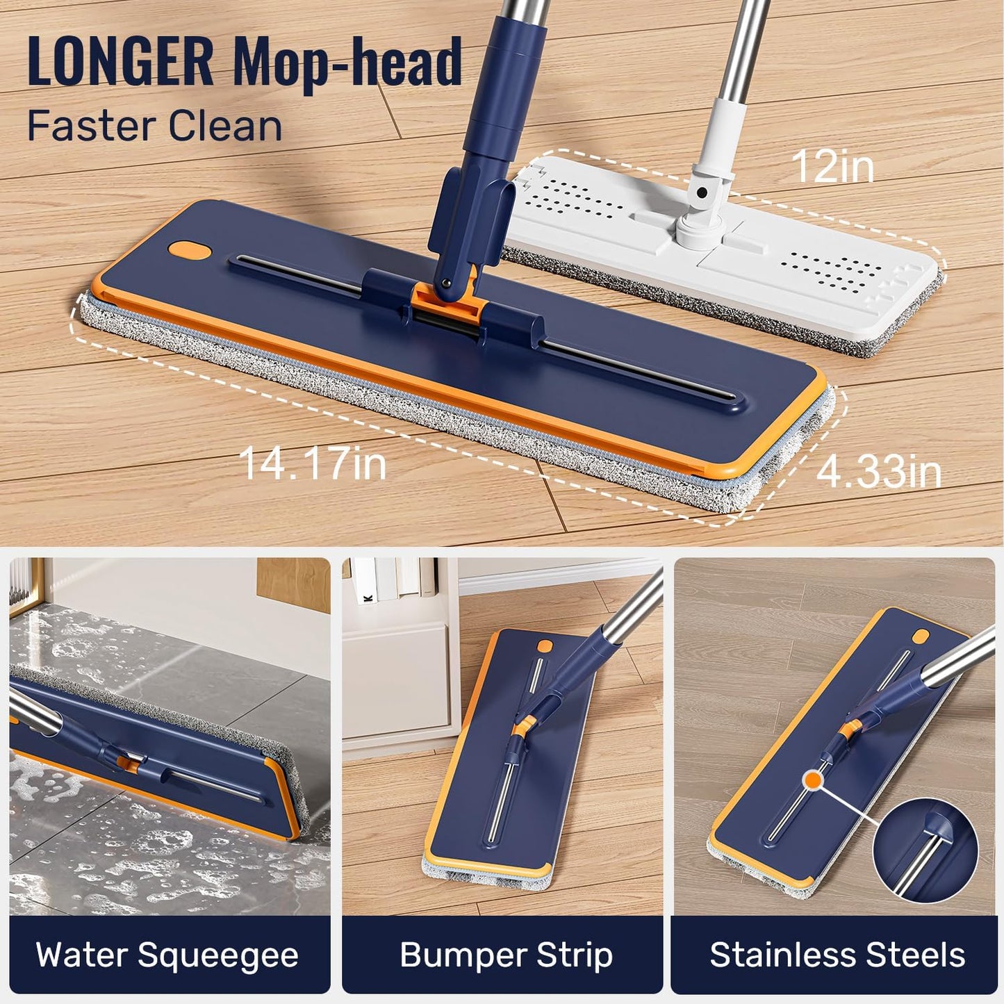 SM001-36 Blue Spring Mop Flat Mop  Amazon Hot Selling Separate Clean & Dirty Water, Wet and Dry Use,2 Microfiber Pads, 3L Water for Whole House Floor Cleaning Hands Free