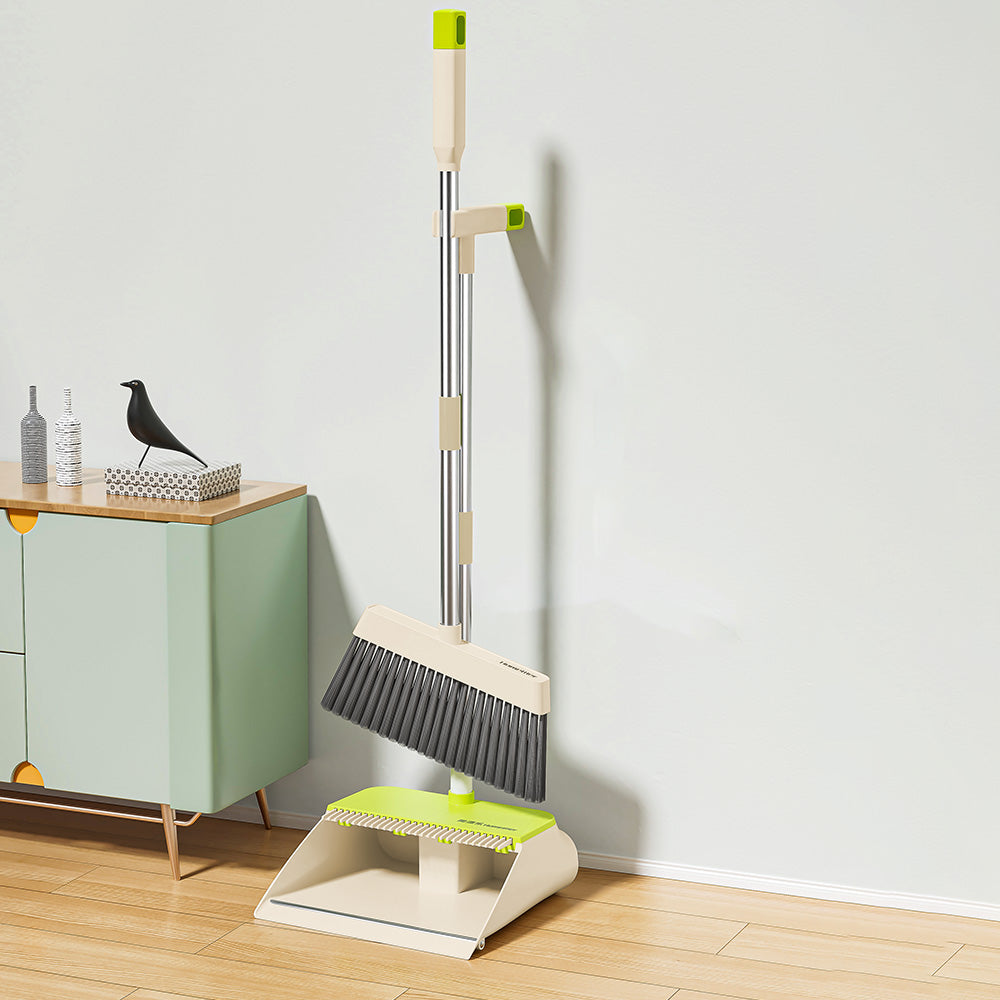 TS300 Broom and Dustpan Set, 87cm Long Adjustable Handle Broom Dustpan Combo with Dustpan Teeth to Automatically Clean Hair Suitable for Home Kitchen Office Hall Floor